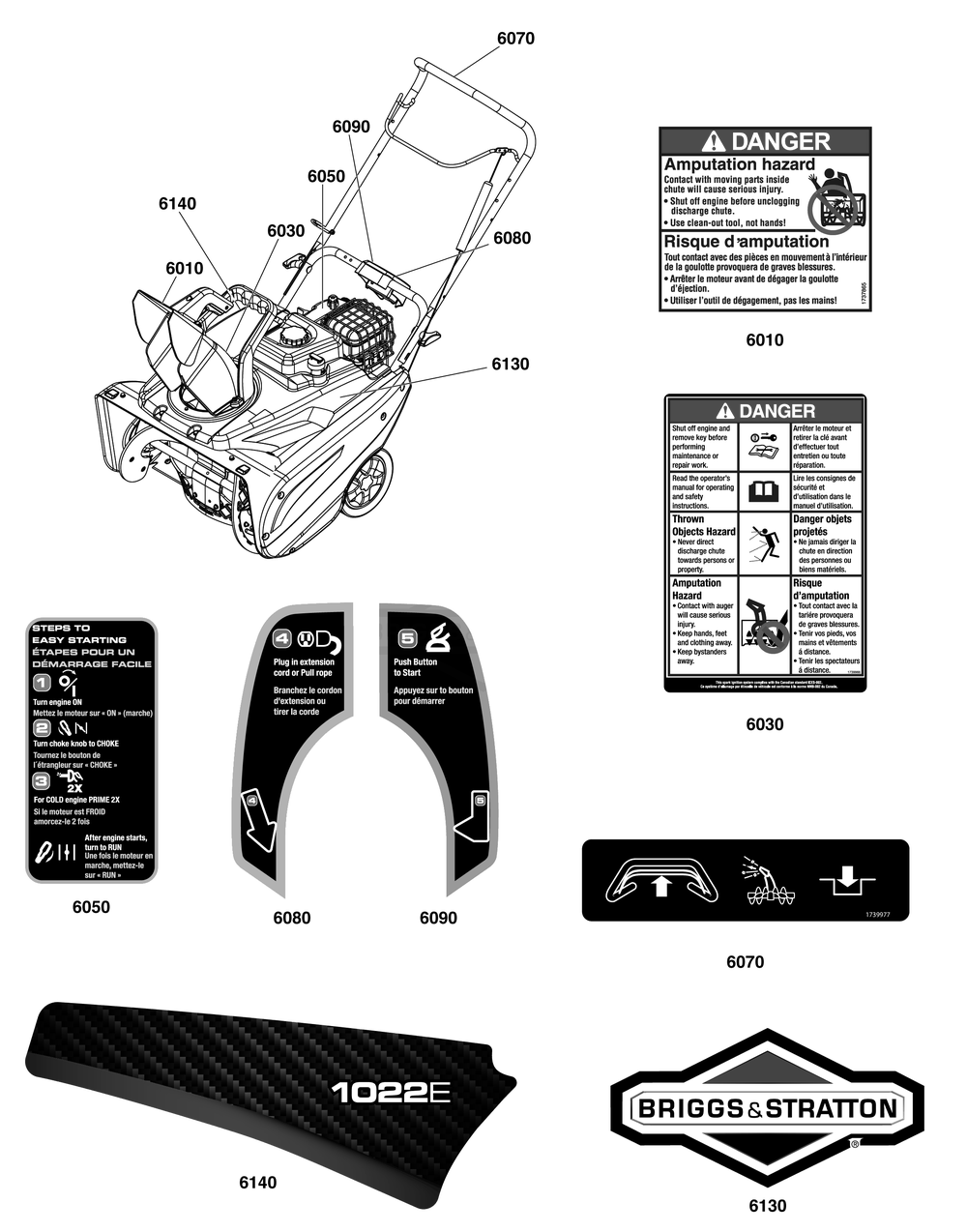 Decals Group Diagram and Parts List for 1696715-01-1022E 2019 Briggs and Stratton Snow Blower